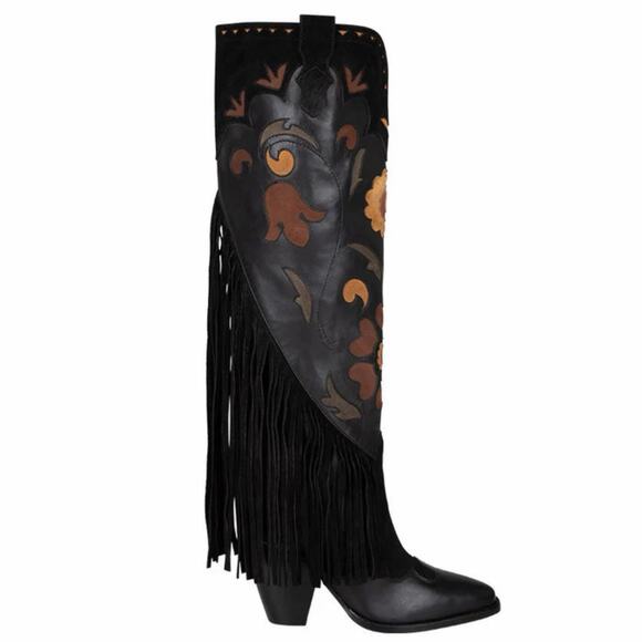 NWT Spell Sannah Fringe Onyx Black Leather Suede Western Tall Boots - Picture 5 of 16